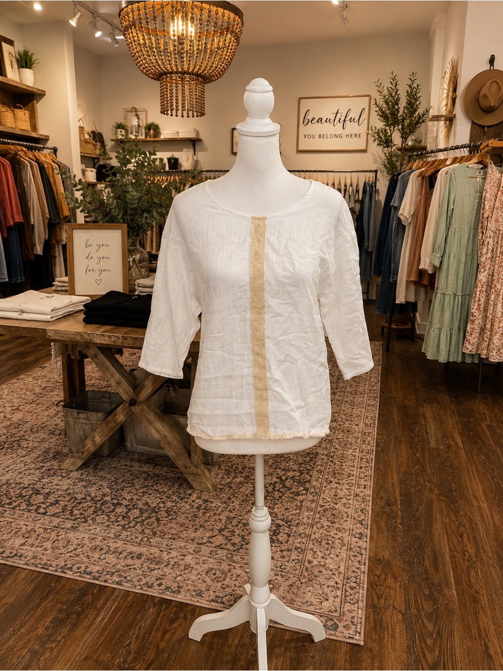 POL Small White Lace Trim Boho Blouse Cottagecore 3/4 Sleeve Preloved